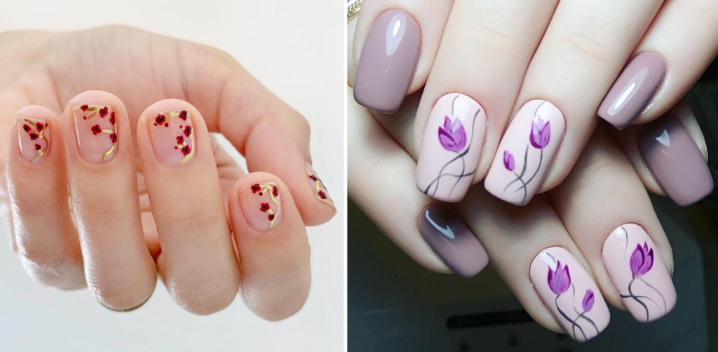 Mẫu nail vẽ họa tiết hoa trực tiếp trên móng