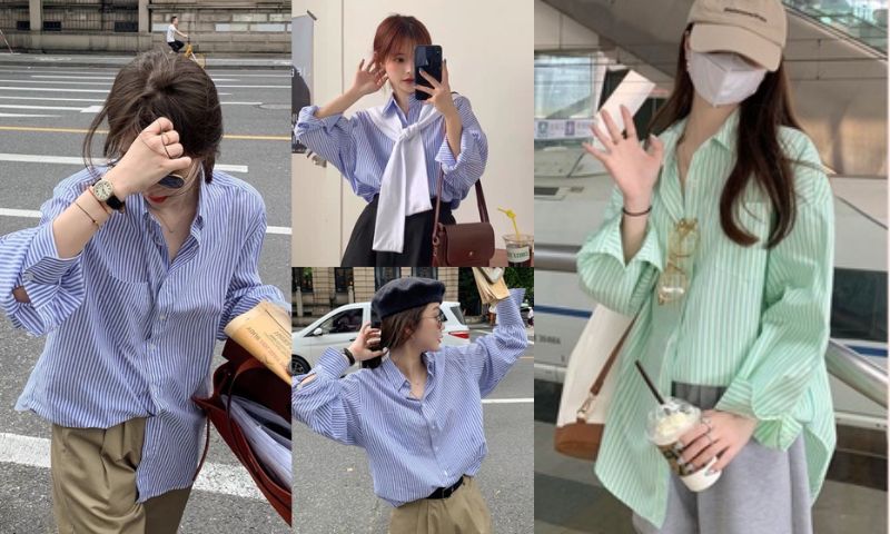 Áo sơ mi kẻ xanh dáng oversize