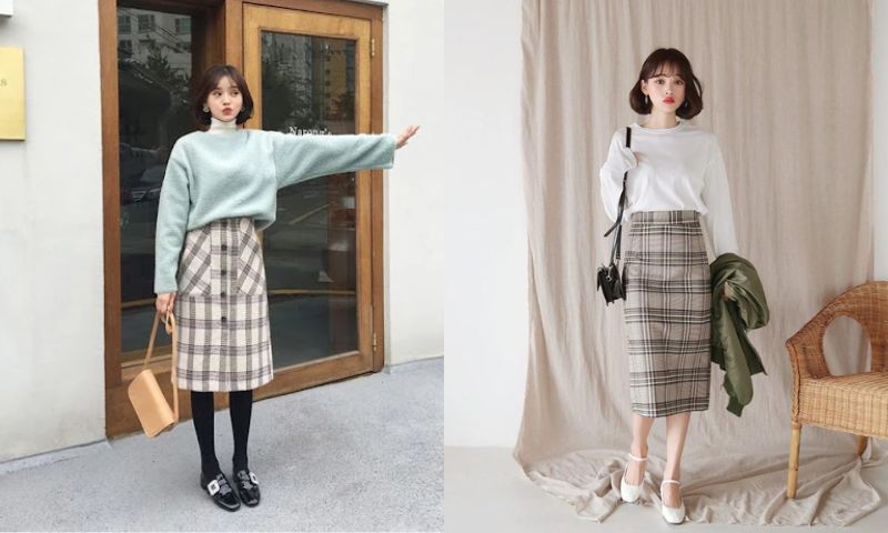 Chân váy caro cách điệu mix cùng áo sweater mỏng dài tay cho nàng một vẻ ngoài năng động