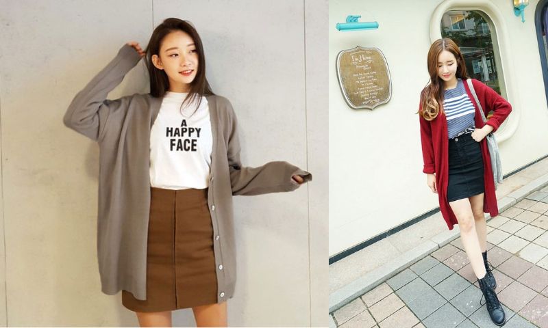 chân váy chữ A + áo thun ôm + áo khoác cardigan nhưng lên hình cực chất