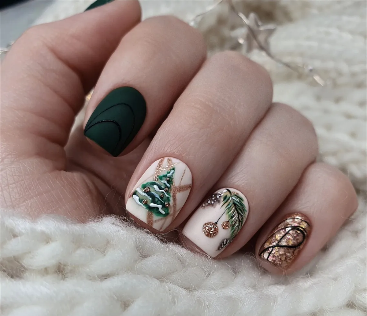 Thiết kế nail art giáng sinh với họa tiết cây thông ấn tượng