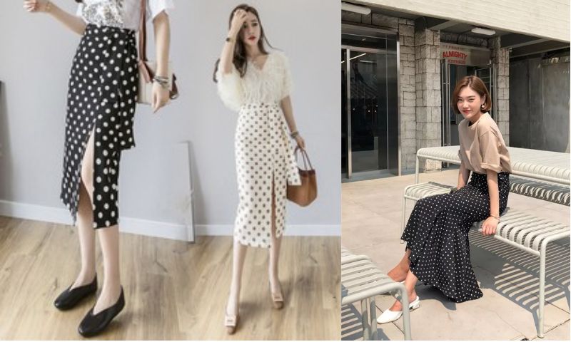 Outfit áo sơ mi cổ xoắn + chân váy chấm bi xinh đẹp, nữ tính