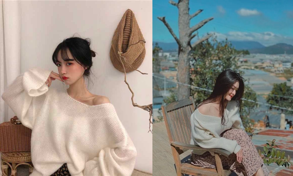 Set áo len trễ vai cùng chân váy hoa nhí toát lên vẻ ngoài dịu dàng, nữ tính