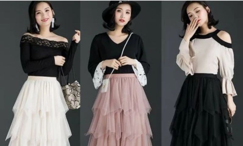 Set váy trễ vai chân váy tầng