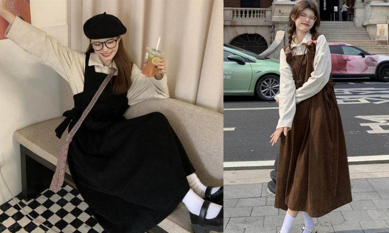 Váy yếm phối cùng sơ mi vintage mang lại cảm giác nhẹ nhàng