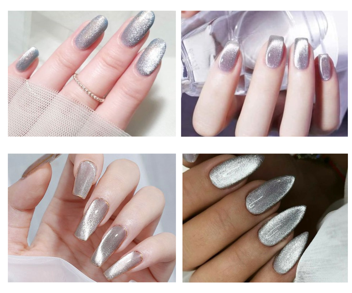 Mẫu móng tay mắt mèo màu xám nhũ ánh bạc lấp lánh
