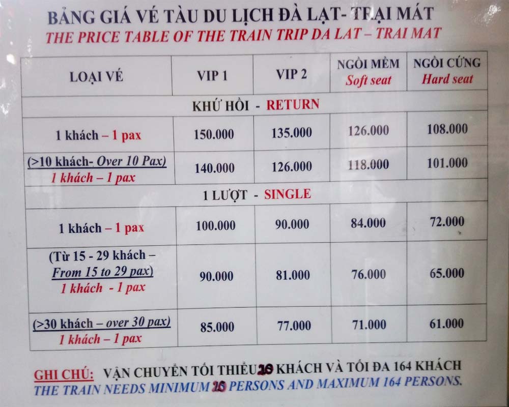 Giá vé cho chuyến tàu từ ga Đà Lạt đến Trại Mát 