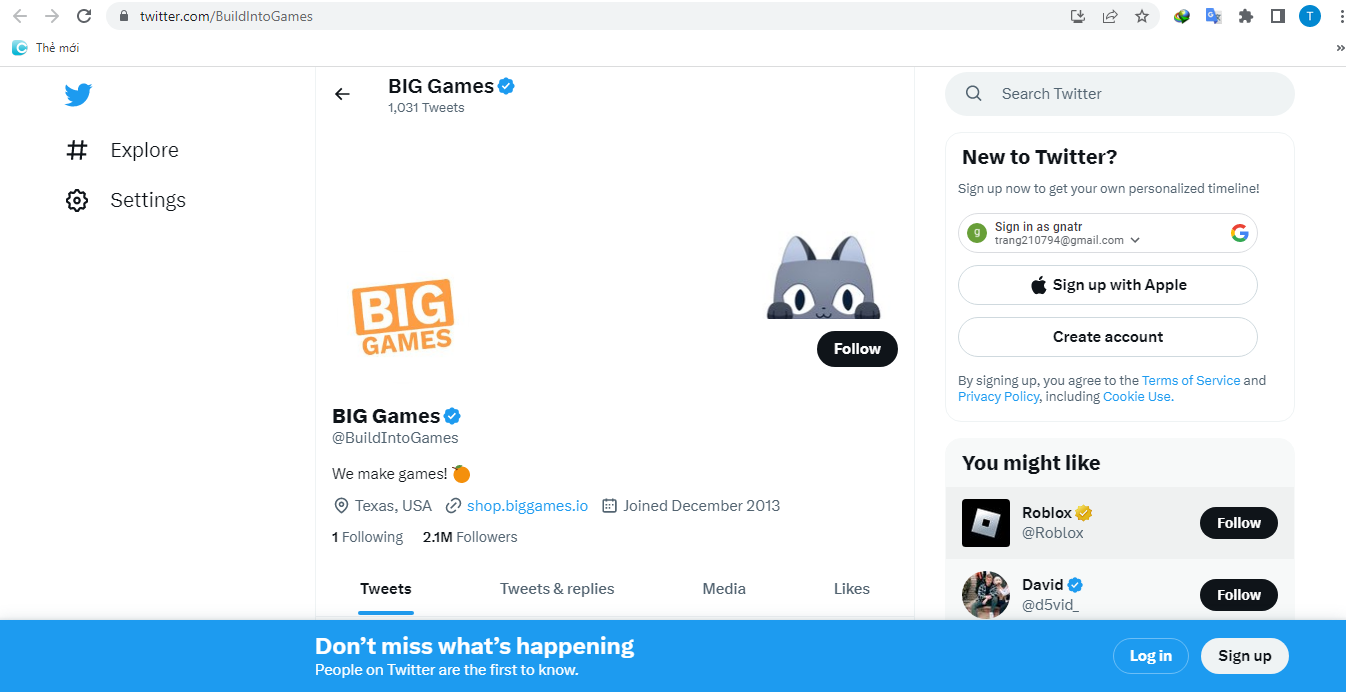 Truy cập Twitter của Big Games để có cơ hội nhận code pet simulator sớm nhất