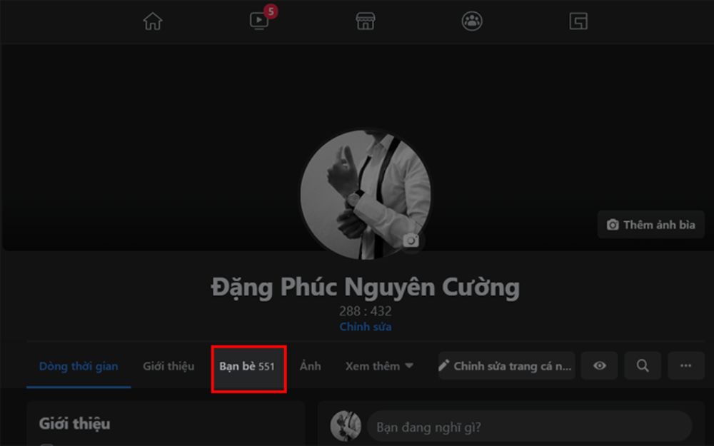 Bấm vào mục Bạn bè trên trang Facebook trên máy tính