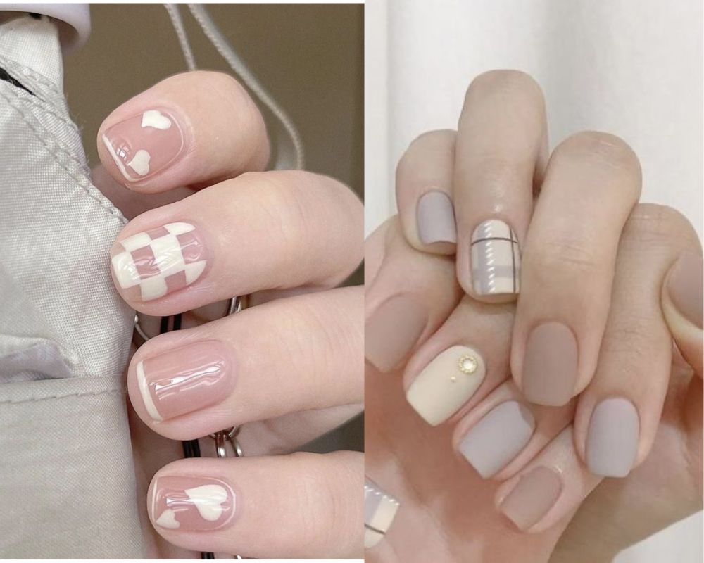 Nail đắp bột với họa tiết kẻ đơn giản