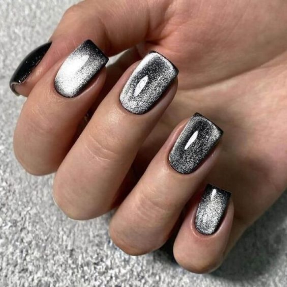 Mẫu nail mắt mèo kim cương đen nhũ ánh bạc