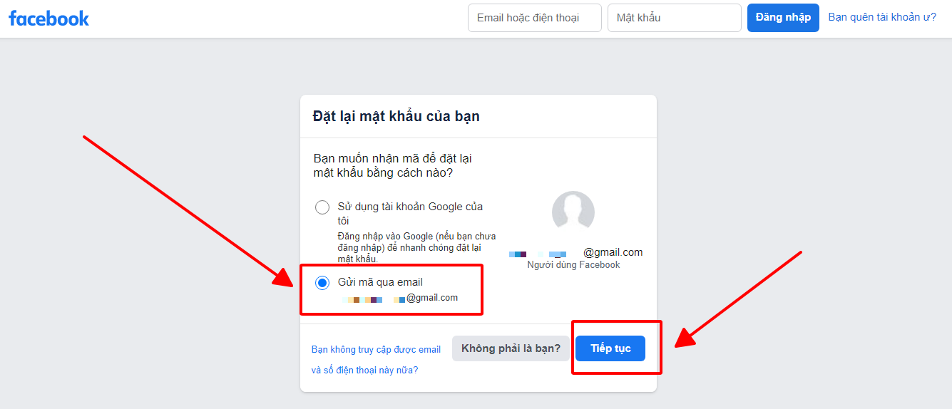 Chọn xác nhận email để đặt lại mật khẩu Facebook