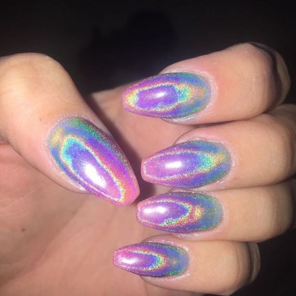 Mẫu nail mắt mèo cầu vồng nhiều ánh nhũ hồng
