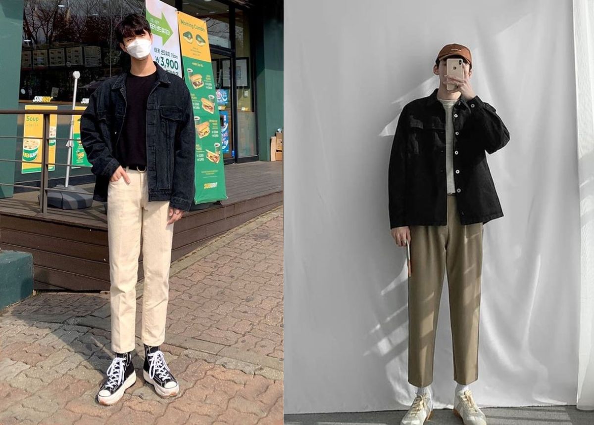 Áo khoác Denim kết hợp cùng áo phông và giày thể thao siêu sang chảnh cho các chàng chưa biết Tết mặc gì
