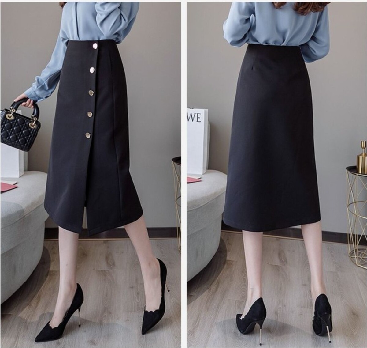 Chân váy dài đính khuy cổ điển