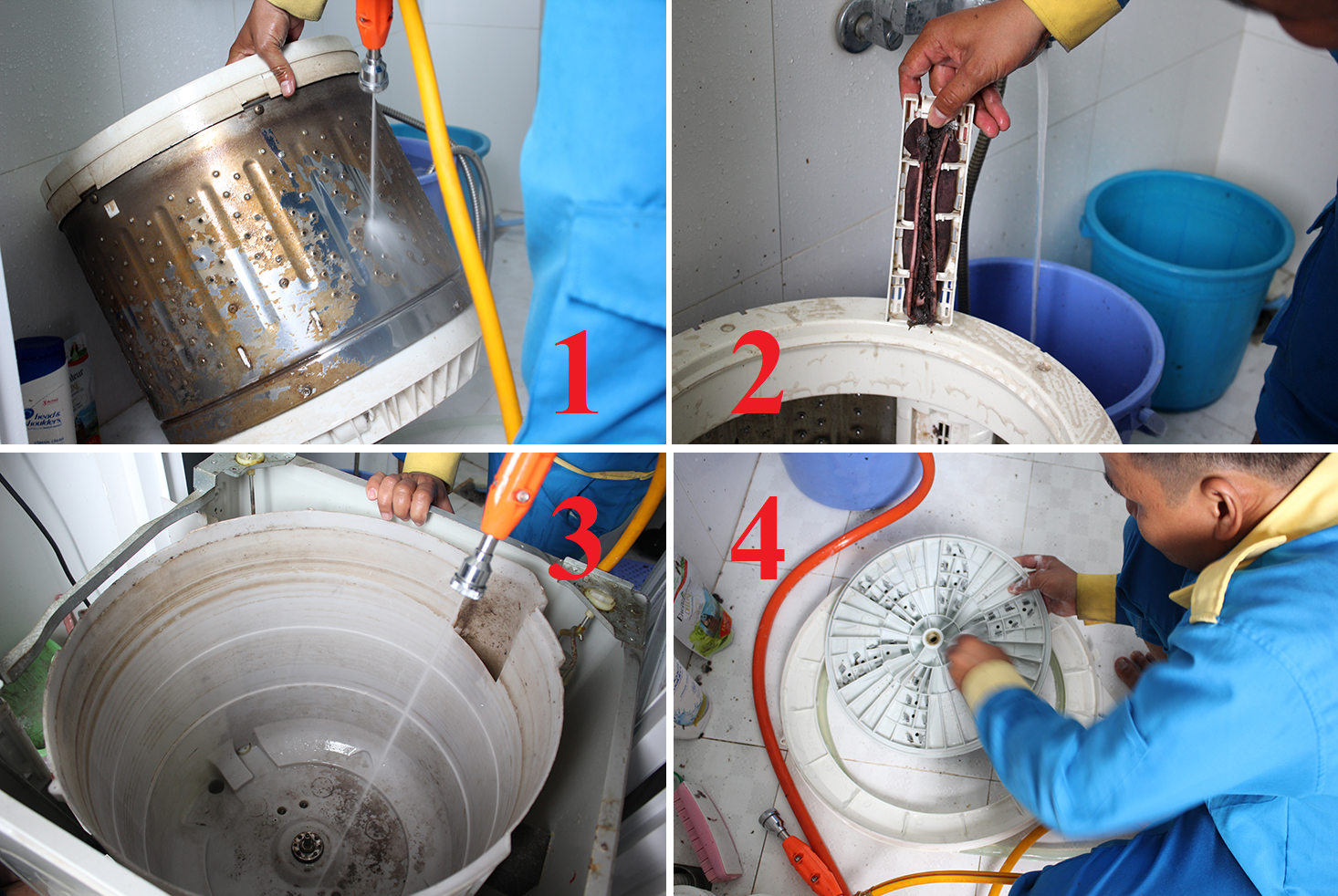 Dùng vòi nước xịt rửa bên trong và bên ngoài lồng giặt