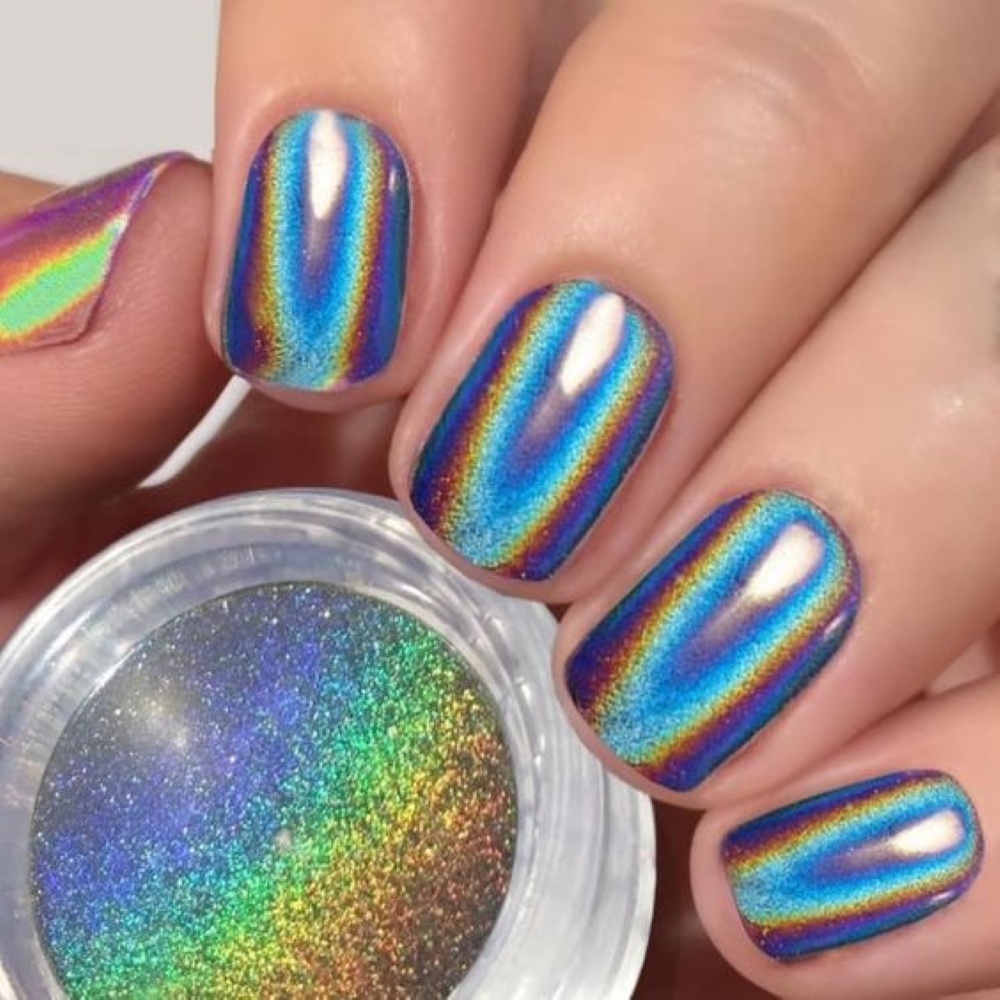 Mẫu nail box mắt mèo màu xanh hiệu ứng cầu vồng