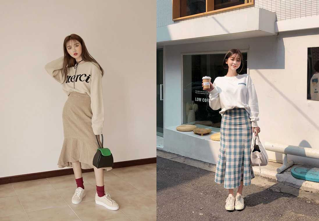Outfit áo sweater mix cùng với chân váy giúp giữ ấm không kém phần xinh xắn