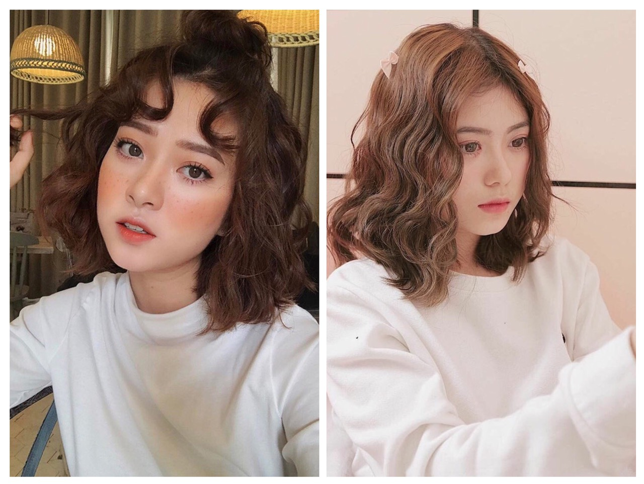 Tóc xoăn ngang vai lọn nhỏ cho mặt tròn