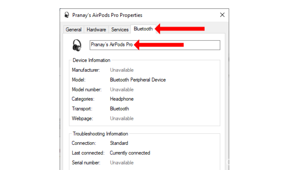 Chuyển đến tab Bluetooth và đổi tên trên Windows thành công