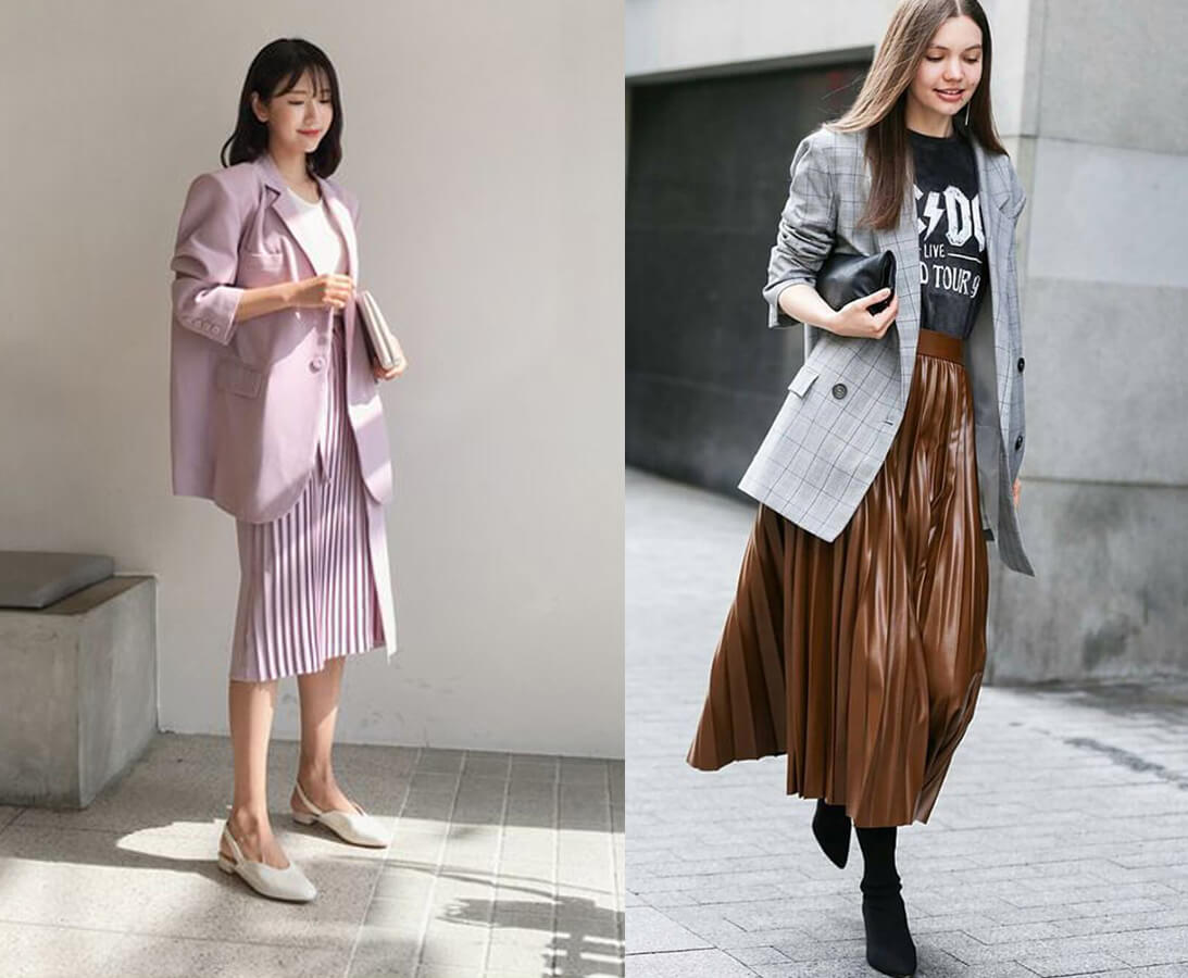 Outfit sang trọng khi kết hợp chân váy dài và áo vest