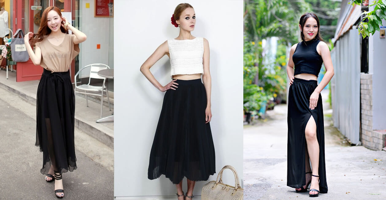 Phối áo croptop với chân váy dài
