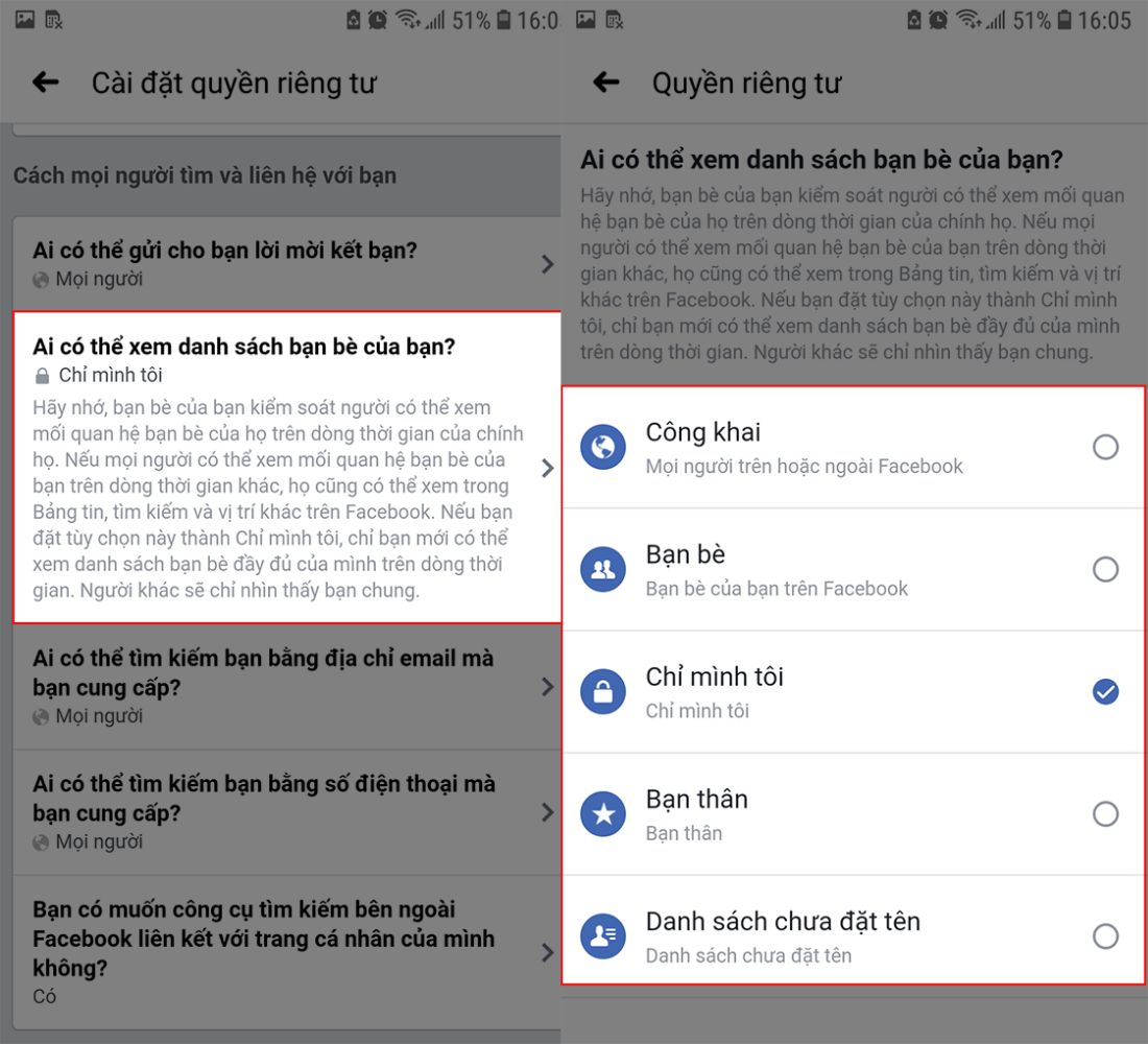 Quy trình ẩn danh sách bạn bè
