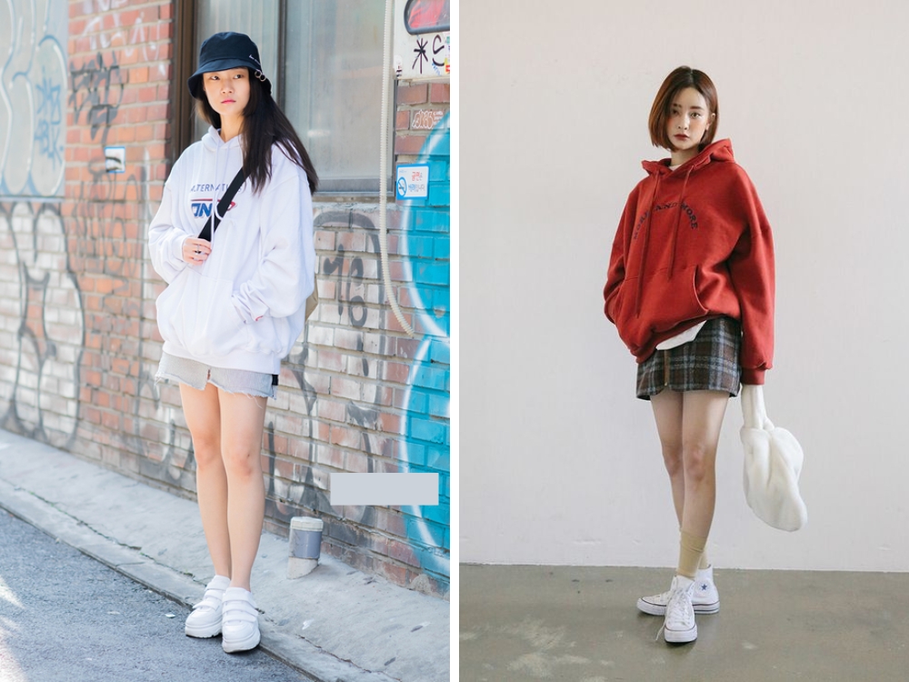 Cách phối đồ cho người lùn chân to cùng chân váy và áo hoodie