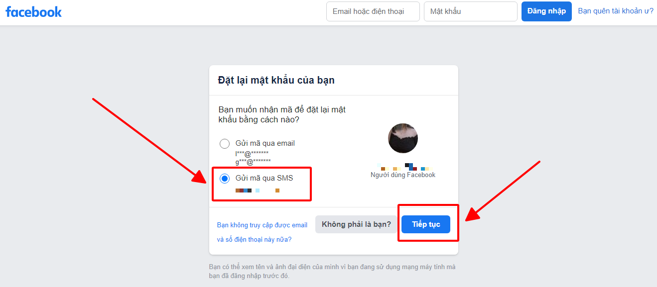 Chọn gửi mã xác nhận qua SMS và nhấn “Tiếp tục” để sang bước tiếp theo
