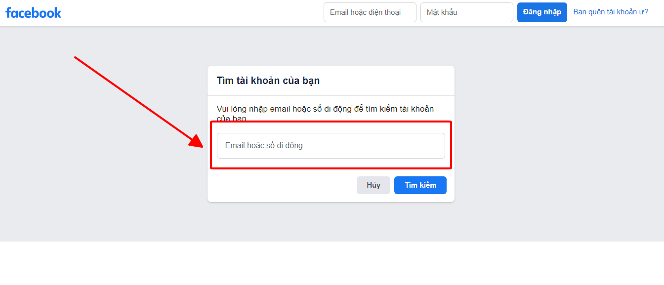 Nhập số điện thoại để tìm kiếm tài khoản Facebook