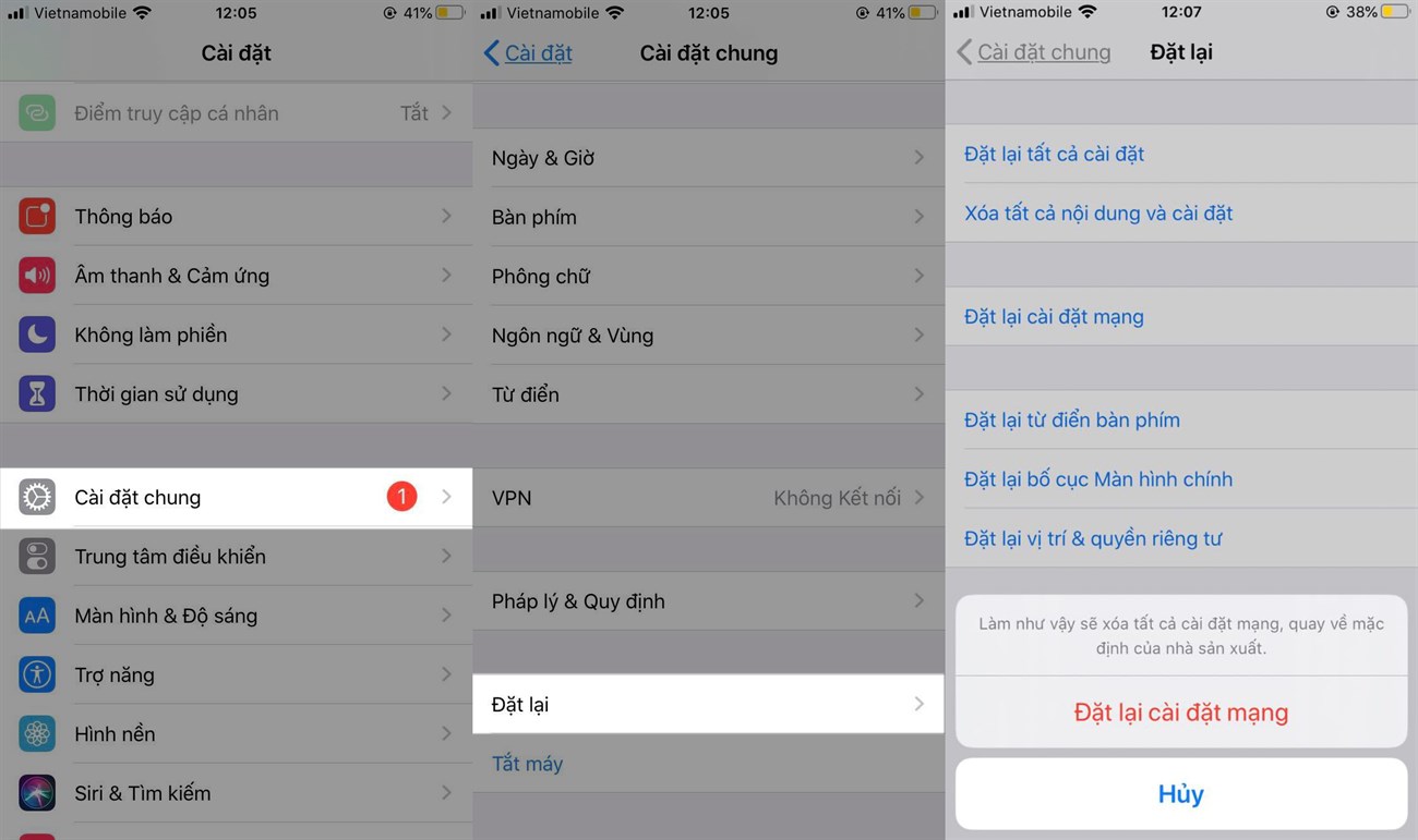 Reset cài đặt mạng trên iPhone