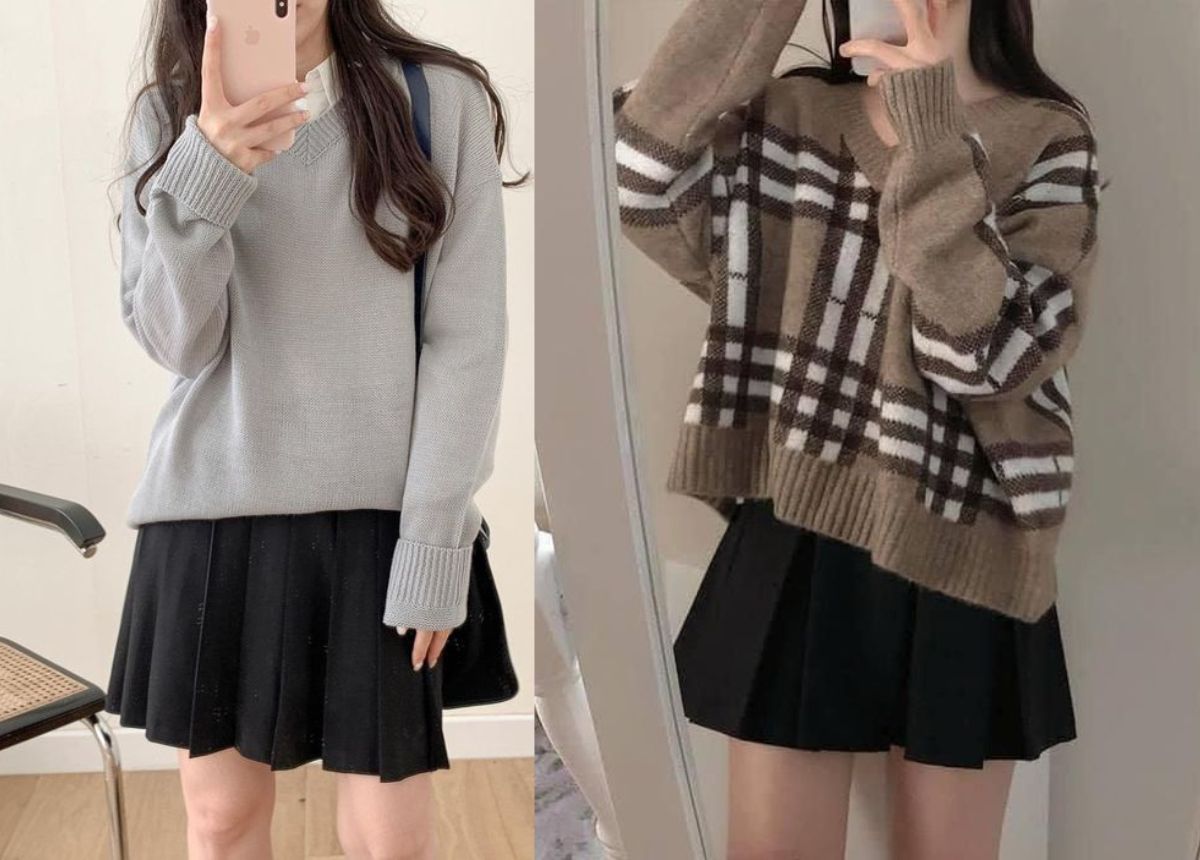 Mix áo len cùng chân váy tennis giúp giữ ấm cơ thể lại rất trendy