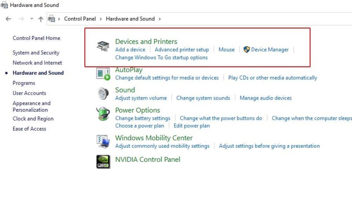 Bấm vào mục Thiết bị và Máy in (Devices and Printers)