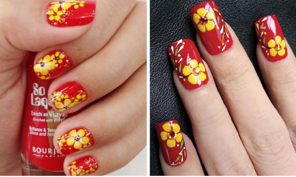 Mẫu nail hoa mai sắc vàng tươi trên nền đỏ bắt mắt 