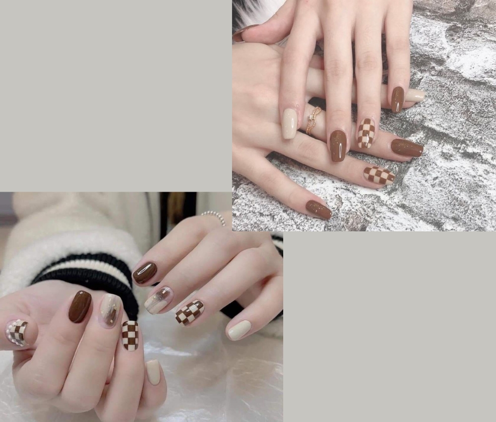 Mẫu nail caro nâu
