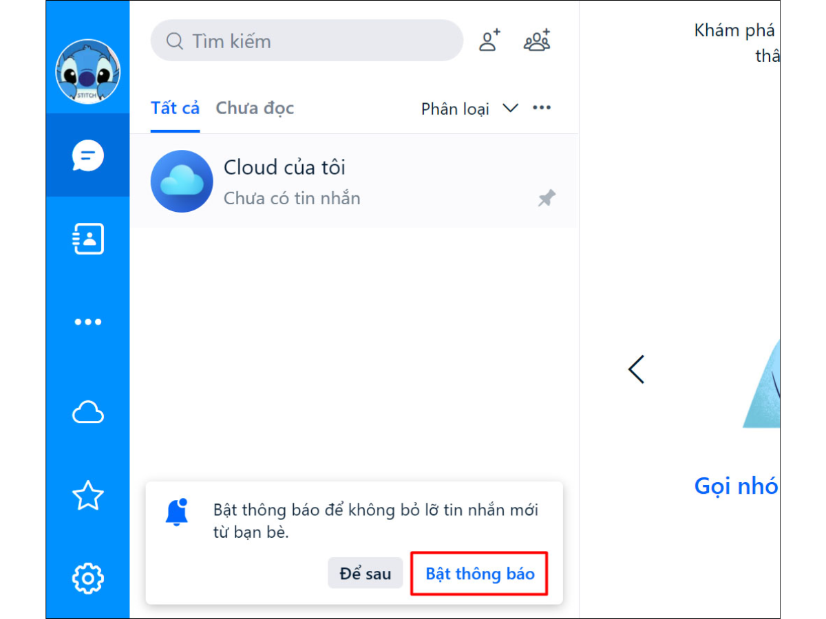 Bấm vào tùy chọn Bật thông báo để nhận thông báo và tin nhắn mới nhanh chóng