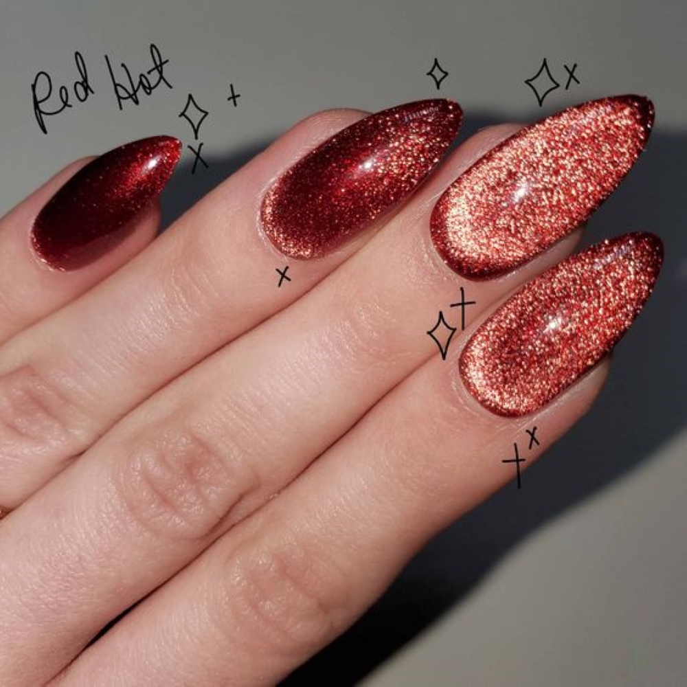 Mẫu nail mắt mèo màu đỏ dũa móng bầu nhọn