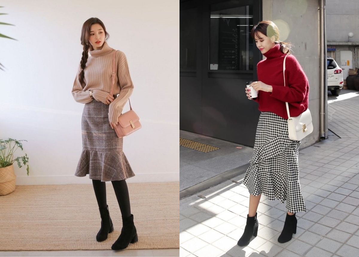 Sự kết hợp chiếc áo len cổ lọ và váy đuôi cá là cách mix đồ sang trọng để du xuân
