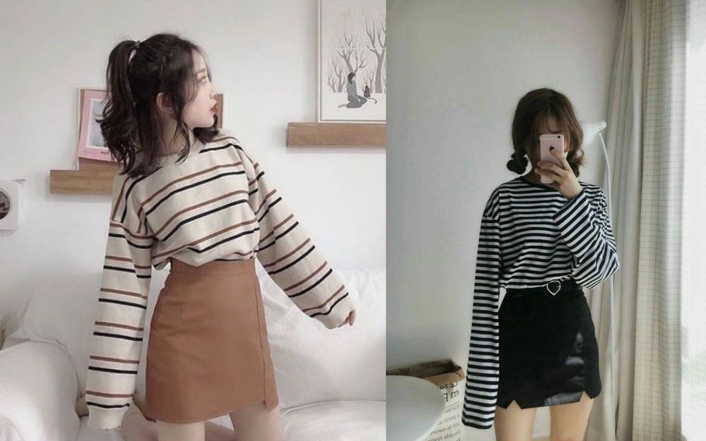 Áo phông nhiều năm tay mix nằm trong phần chân váy ngắn