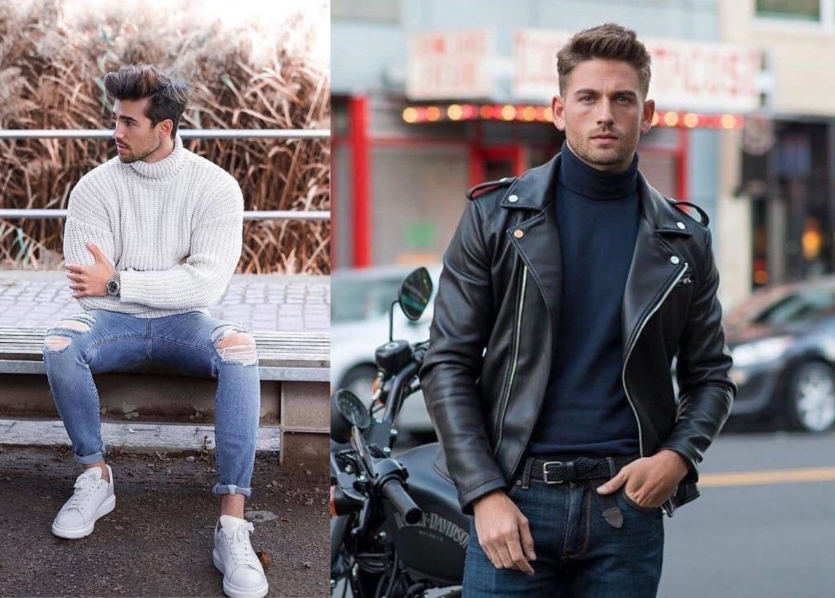 Áo len cao cổ mix cùng quần jeans tôn lên vẻ ngoài nam tính cho các chàng
