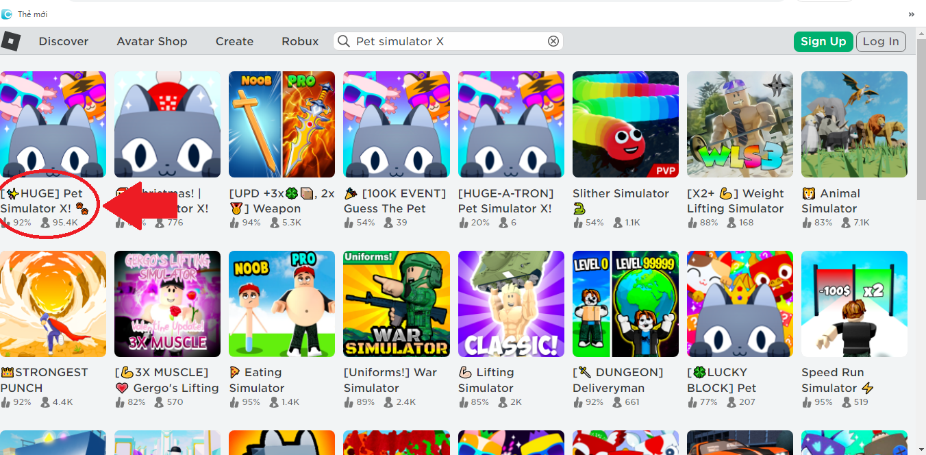 Vào Roblox, tìm và chọn game Pet simulator X!: By BIG