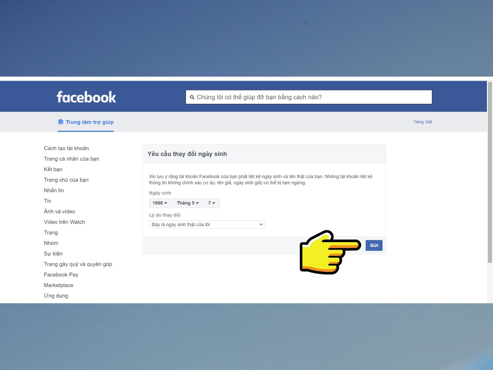 Bước cuối cùng là gửi thông tin để Facebook cập nhật