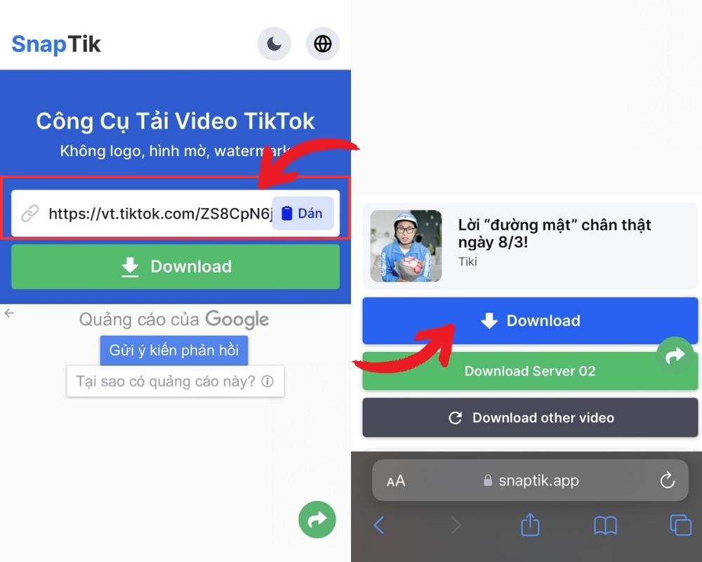Dán link vào khung đỏ, sau đó chọn download để tải video về máy