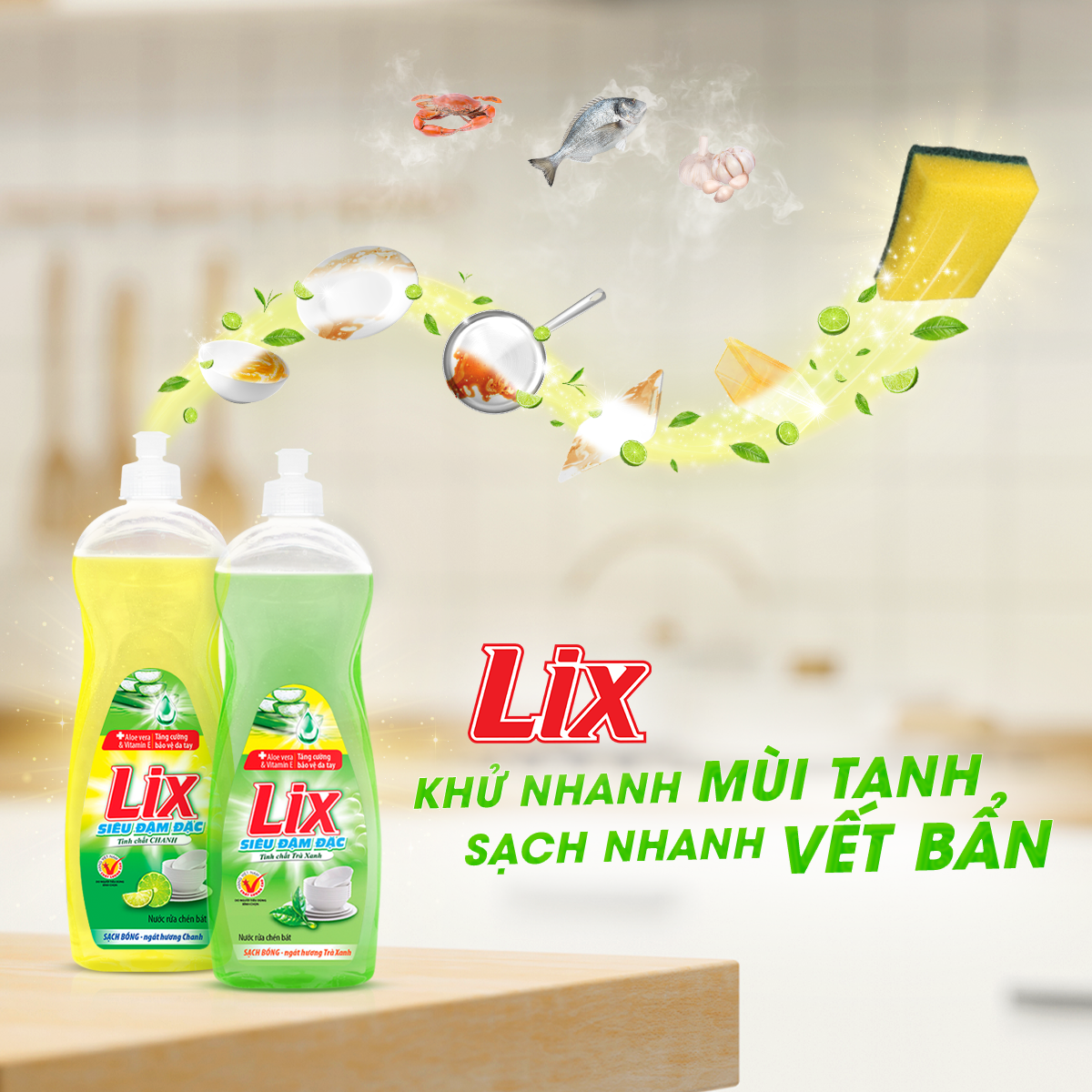 Nước rửa chén Lix với khả năng khử nhanh mùi tanh và vết bẩn 