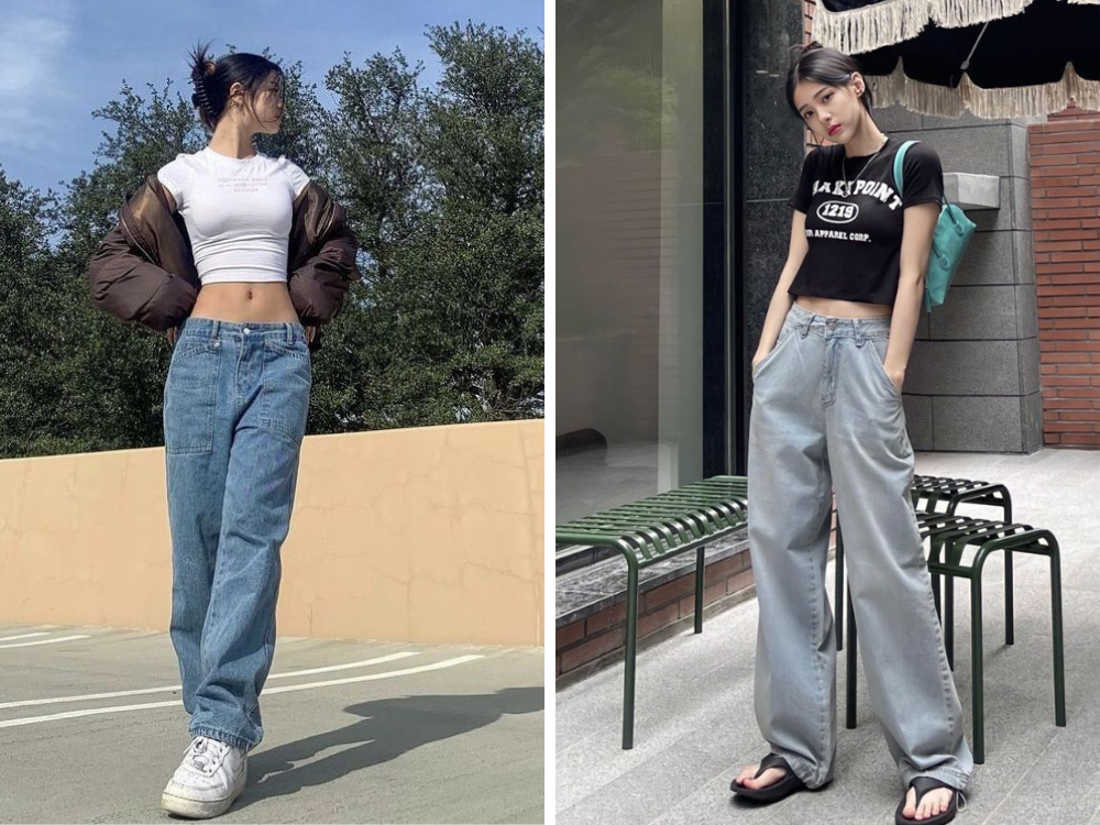 Áo croptop phối hợp quần jeans cạp cao tuyệt vời, cá tính