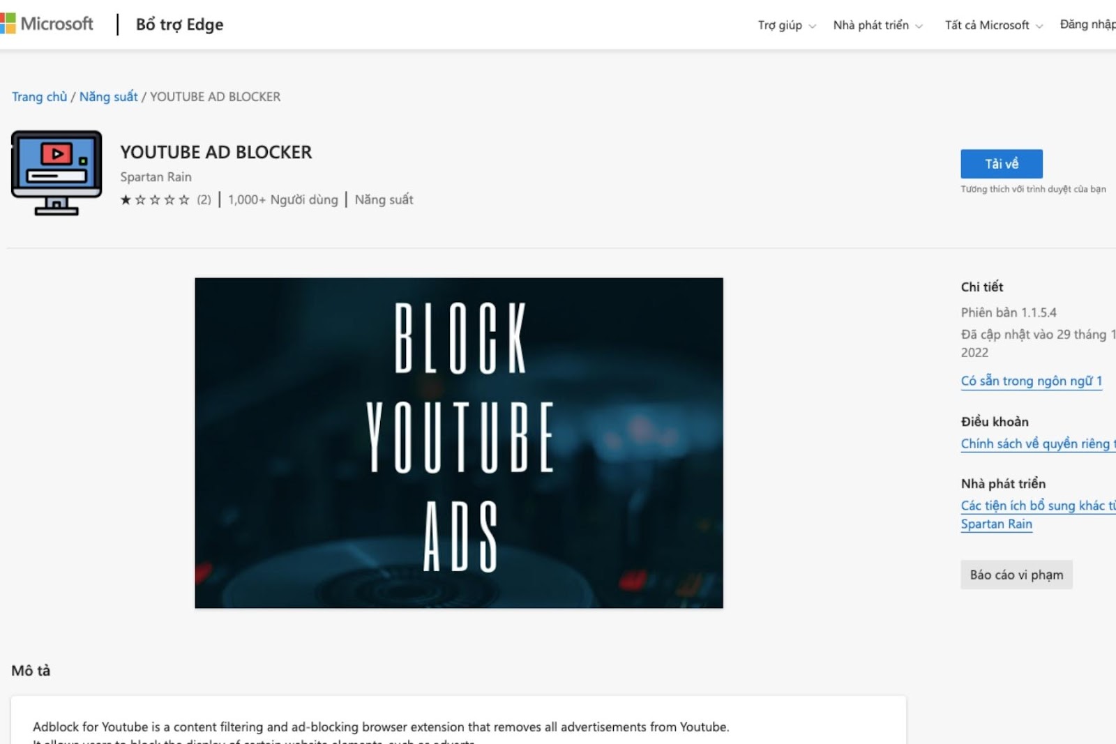 Chặn quảng cáo YouTube trên trình duyệt Microsoft Edge bằng cách sử dụng tiện ích YouTube Ad Blocker