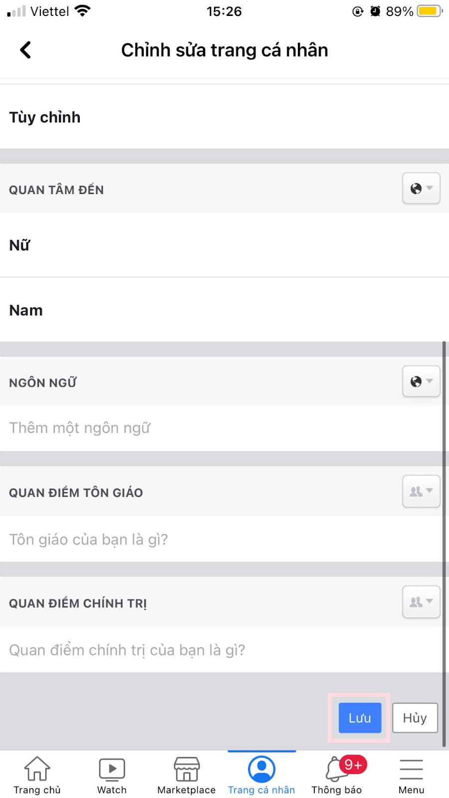 Nhấn nút “Lưu” để Facebook cập nhật thông tin mới