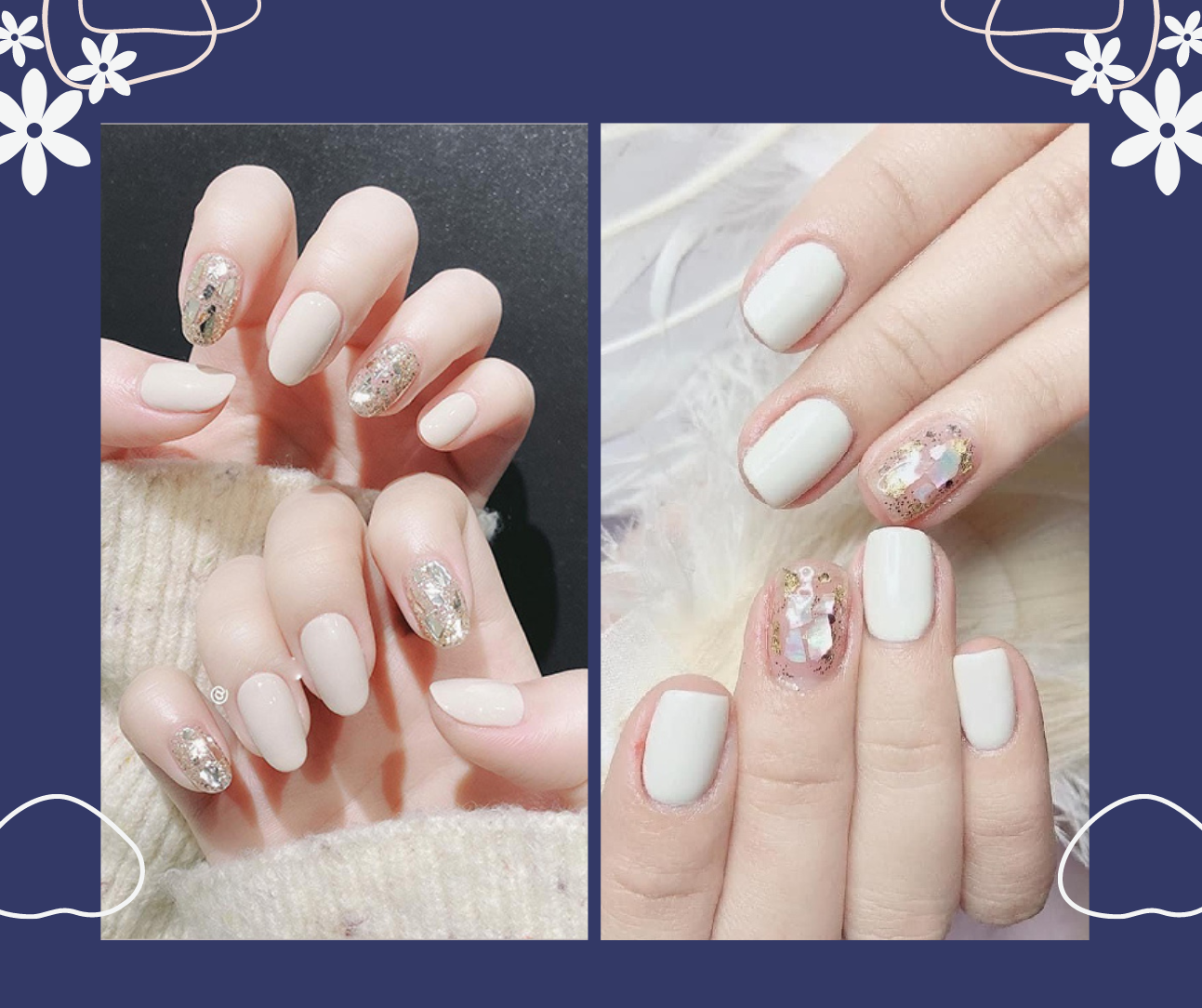 Mẫu nail màu trắng gạo ẩn xà cừ 