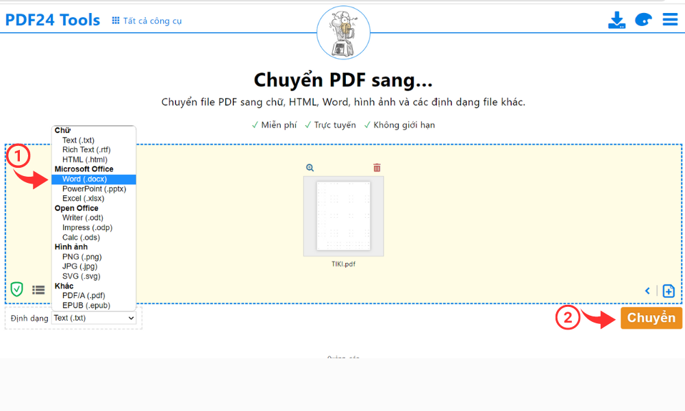 Chọn định dạng sau đó nhấn Chuyển