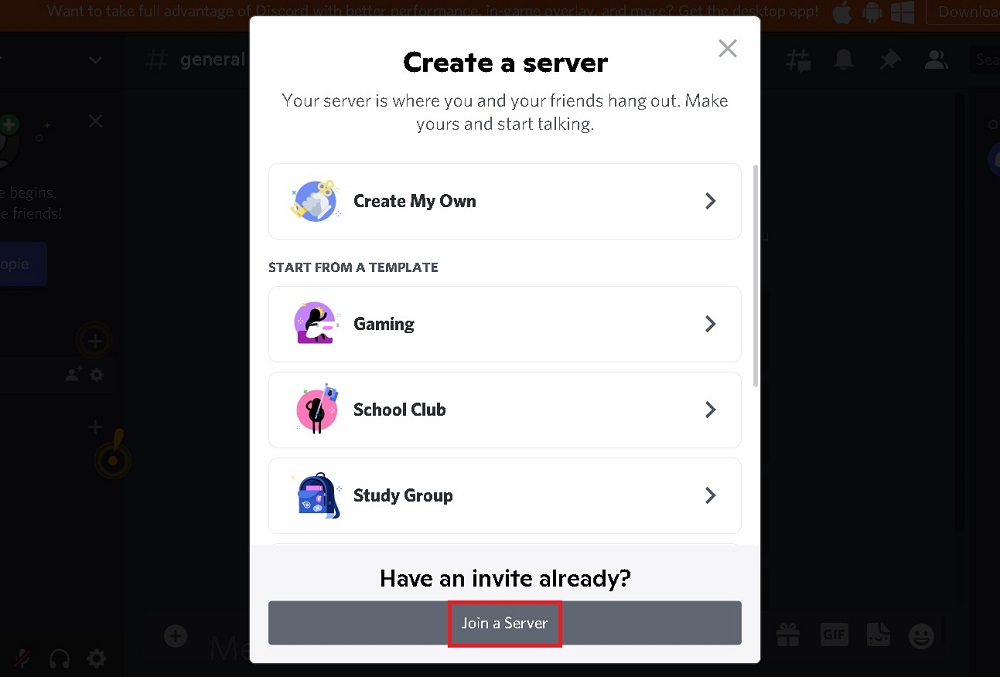 Chọn Join a server để tham gia vào server mới